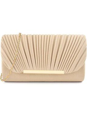 Women's Nude Pleated Wedding Cocktail Clutch Purse Evening Bag with Chain